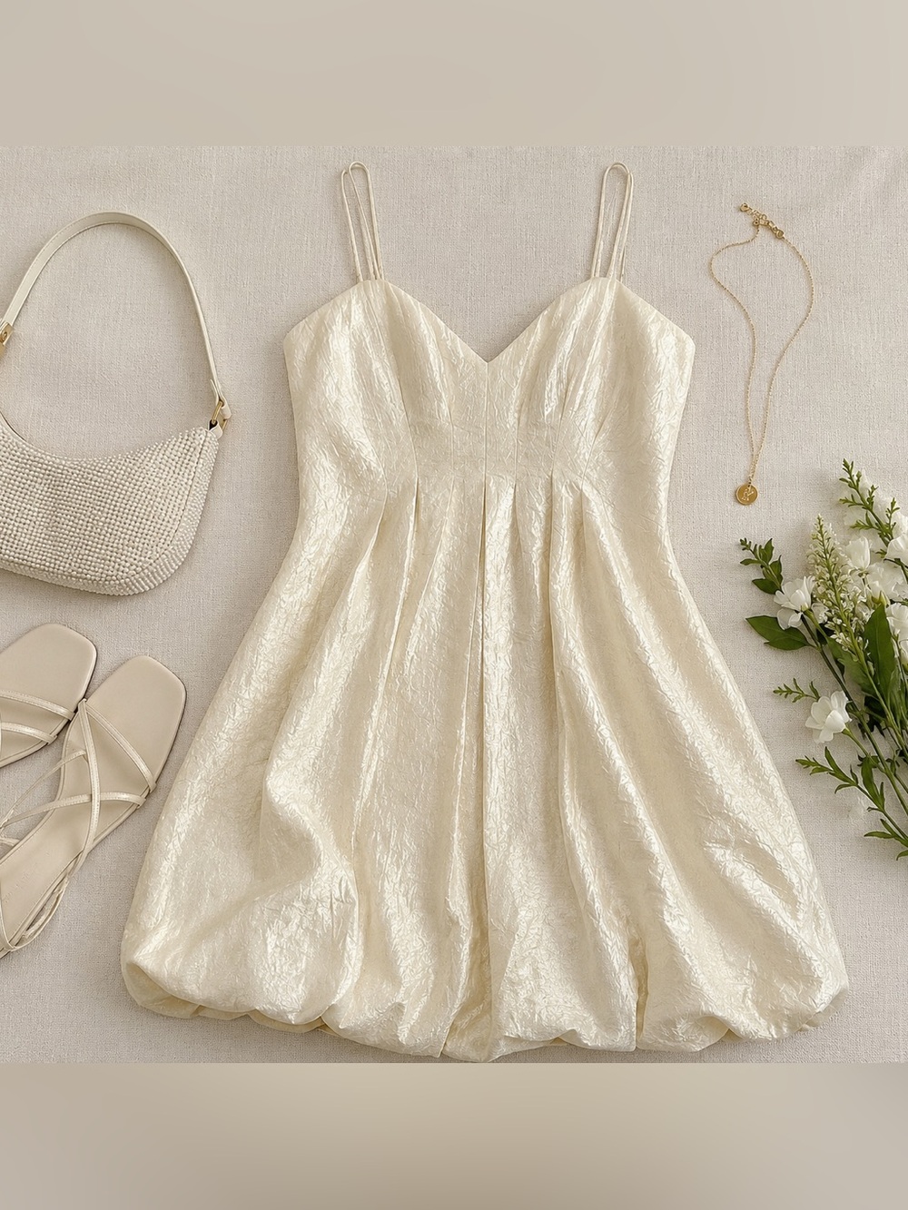 JS Collections Ivory Shimmer Bubble Hem Midi Dress Size 8